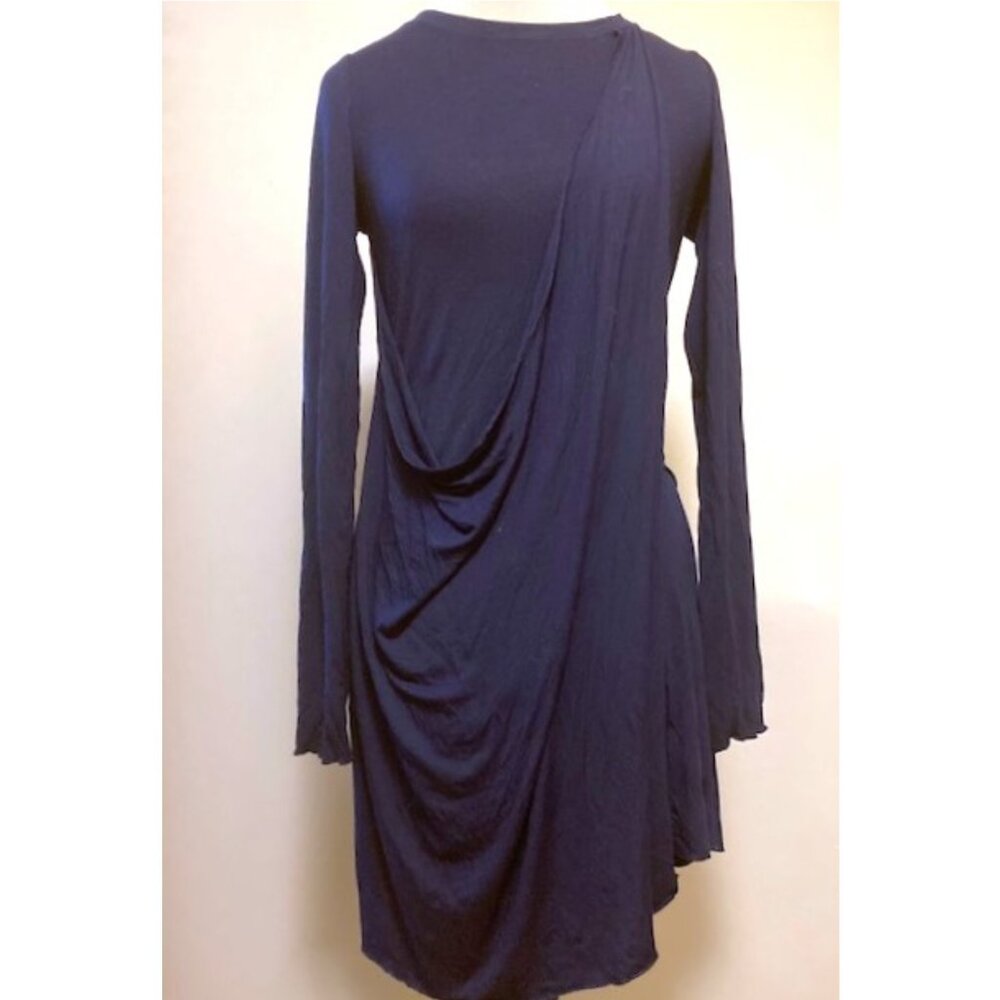 My Tribe navy blue long sleeve dress with asymmetric shoulder to hip drape